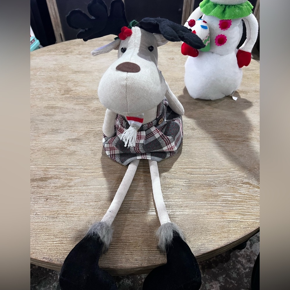 Plaid Moose girl Plush Toy with Black Feet for mantel or door drop